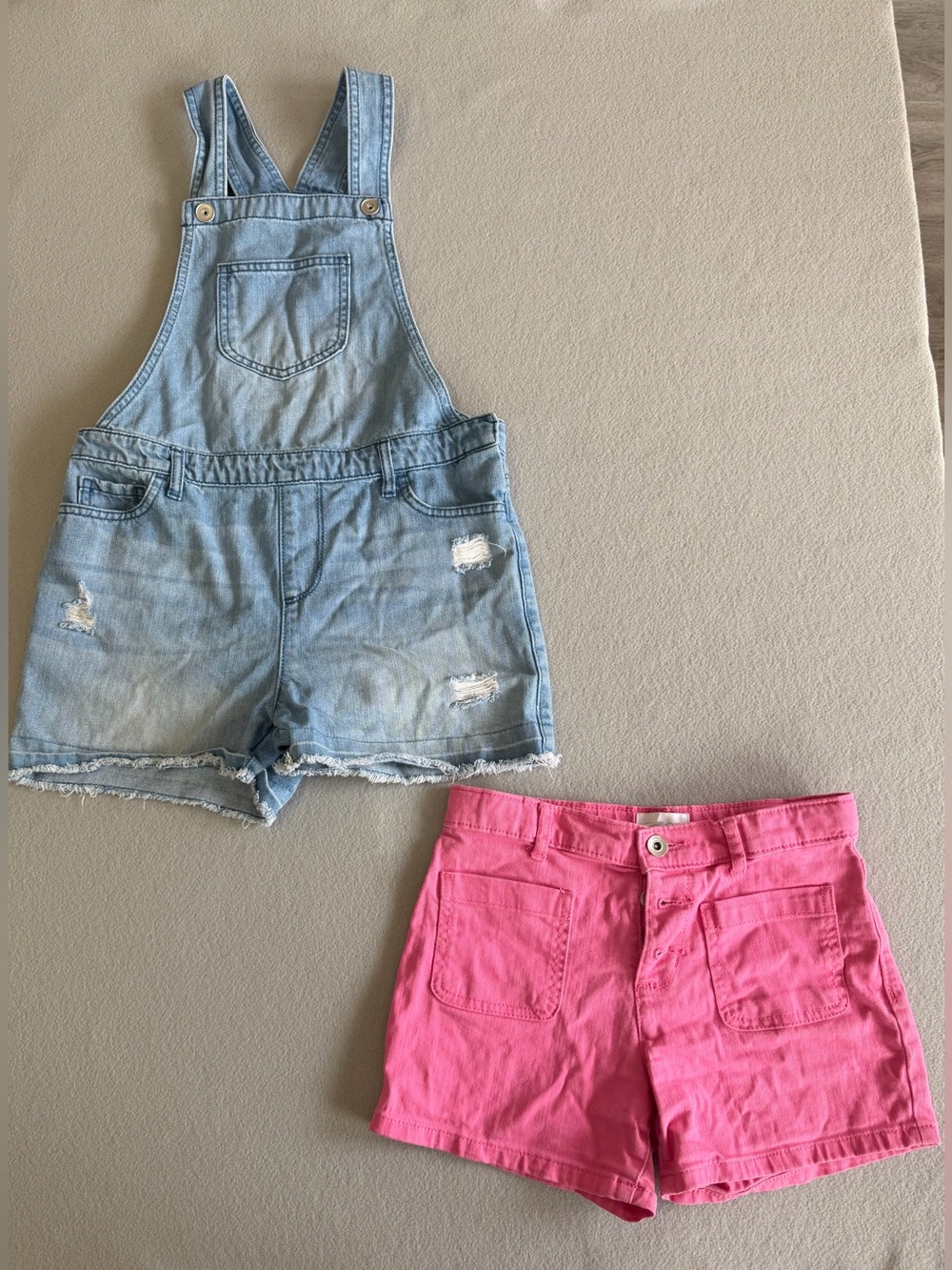 Children's Place Lot 2 Girls Overall Shorts Size 10 Blue Denim Distressed/Pink